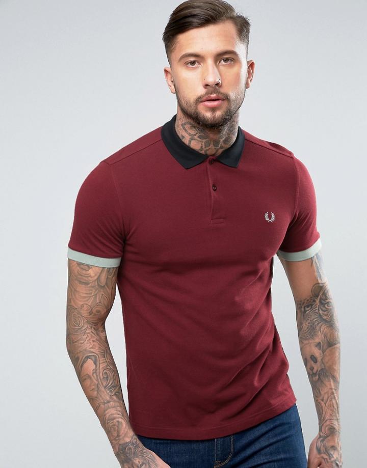 Fred Perry Slim Pique Polo Color Block Trims In Rosewood Burgundy - Red