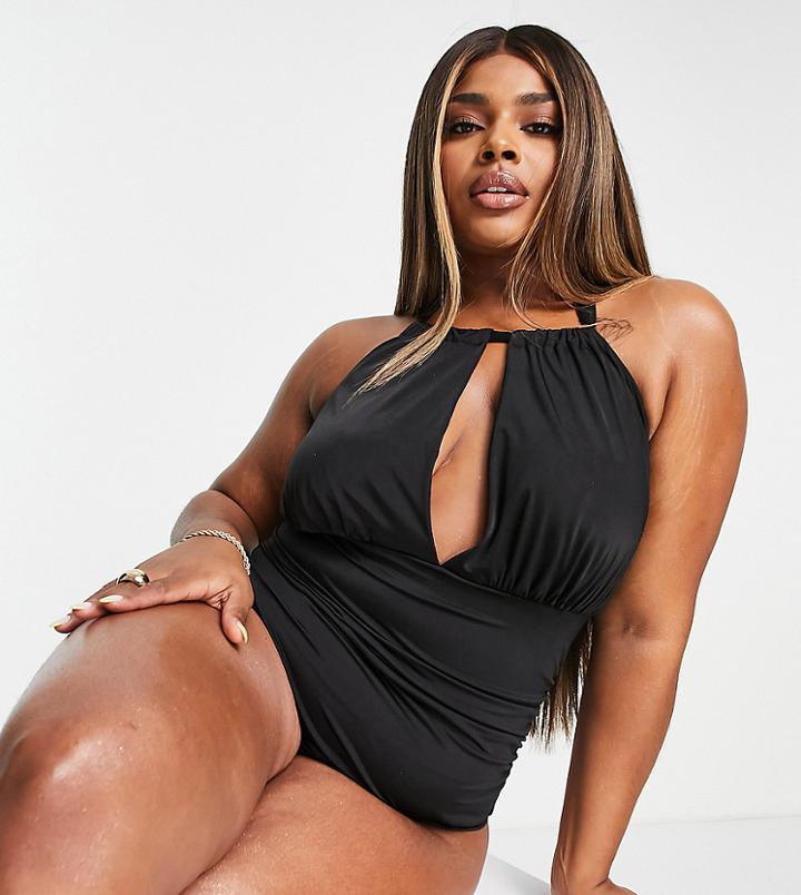 Asos Design Curve Recycled Halter Keyhole Swimsuit In Black