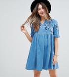 Asos Maternity Denim Smock Dress In Midwash Blue With Embroidery - Blue