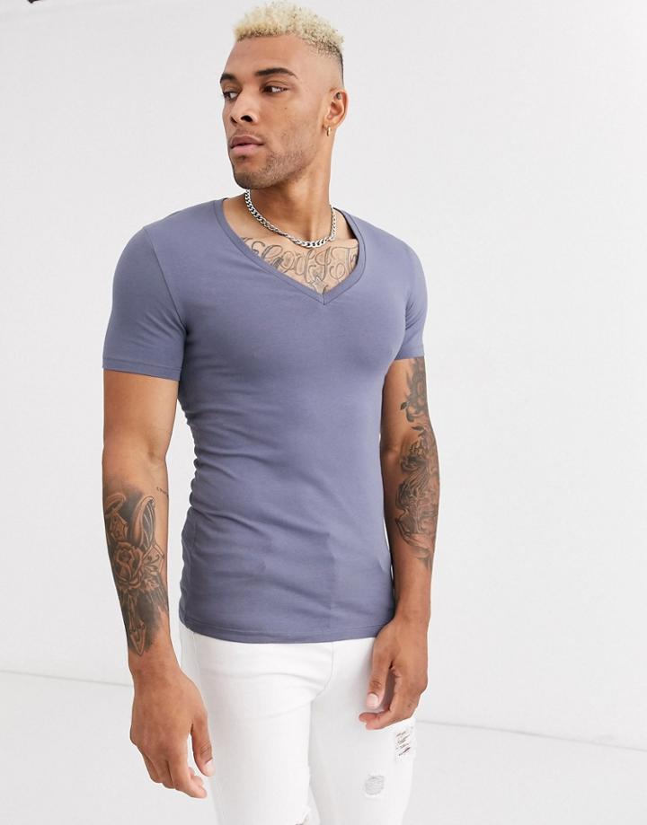 Asos Design Muscle Fit T-shirt With Deep V Neck In Gray