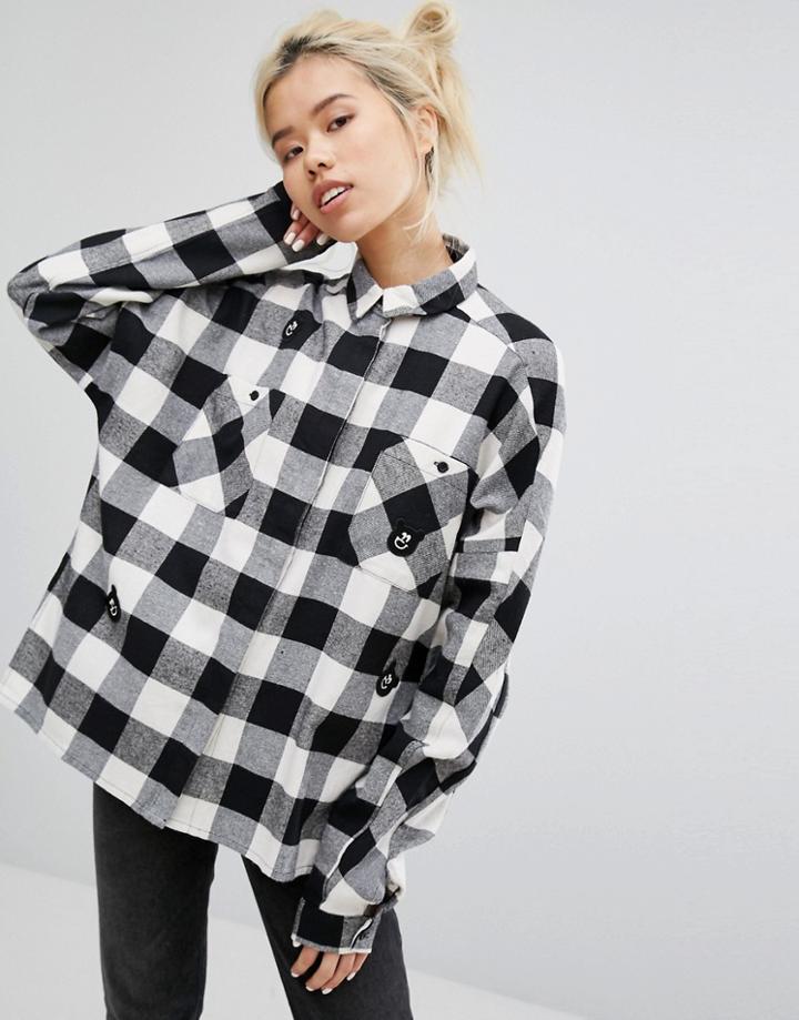 Lazy Oaf Mono Boxy Checked Shirt With All Over Bears - Black