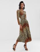 Asos Design Pleated Maxi Dress With Coconut Buttons In Leopard Print-multi