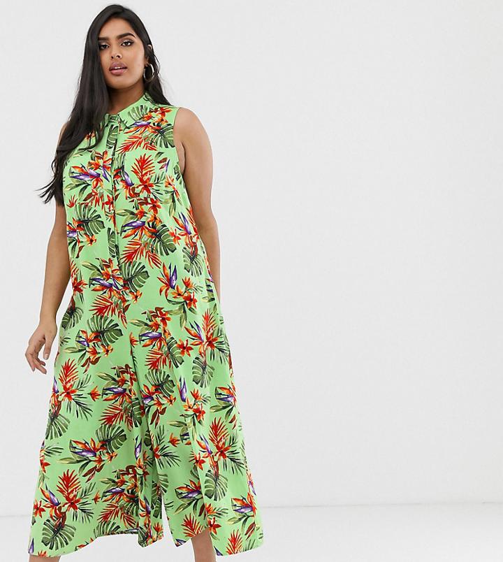 Asos Design Curve Casual Culotte Shirt Jumpsuit In Tropical Print - Multi