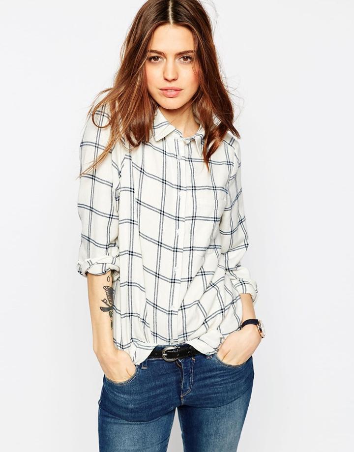 Asos Boyfriend Shirt In Cream And Navy Check - Multi