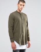 Asos Longline Crinkle Shirt In Khaki With Grandad Collar - Green