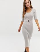 Asos Design Square Neck Midi Dress With Self Belt - Stone