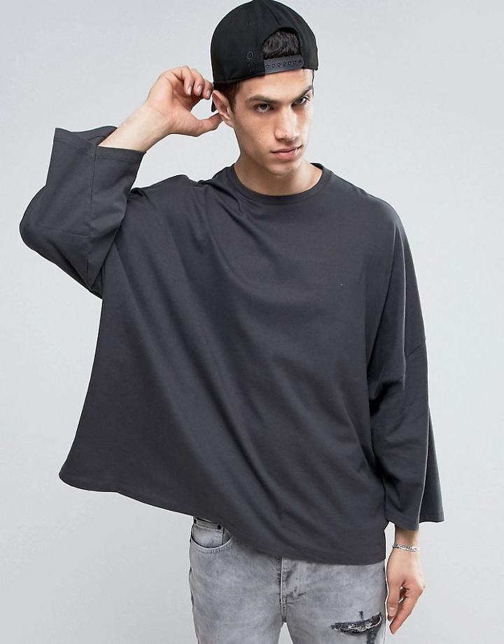 Asos Extreme Oversized Boxy 3/4 Sleeve T-shirt With Wide Sleeves In Washed Black