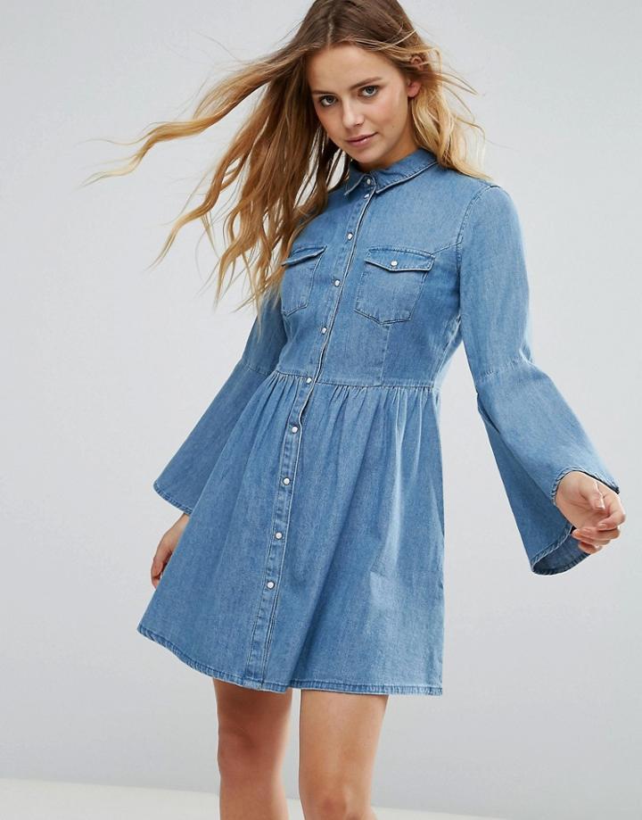 Only Denim Bell Sleeve Dress - Blue