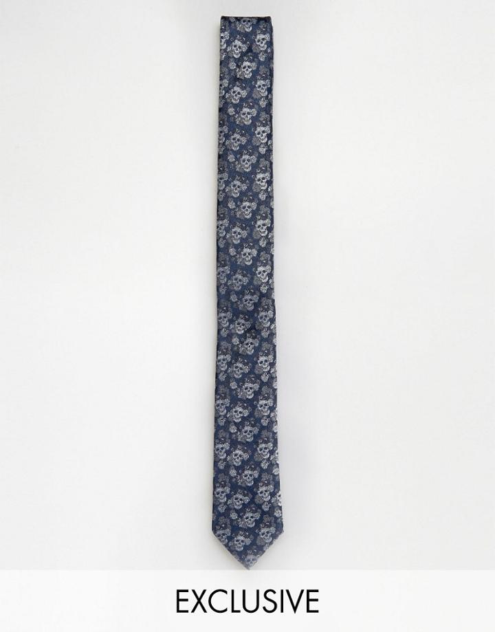 Noose & Monkey Jacquard Blade Tie In Skull Print - Blue