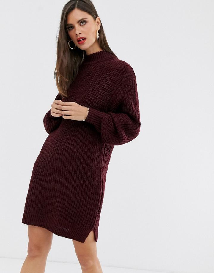 Asos Design Knitted Rib Mini Dress With Chunky Crew Neck-red
