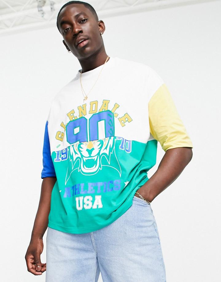 Asos Design Oversized T-shirt In Spliced Collegiate Print And Color Blocking-multi