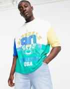 Asos Design Oversized T-shirt In Spliced Collegiate Print And Color Blocking-multi