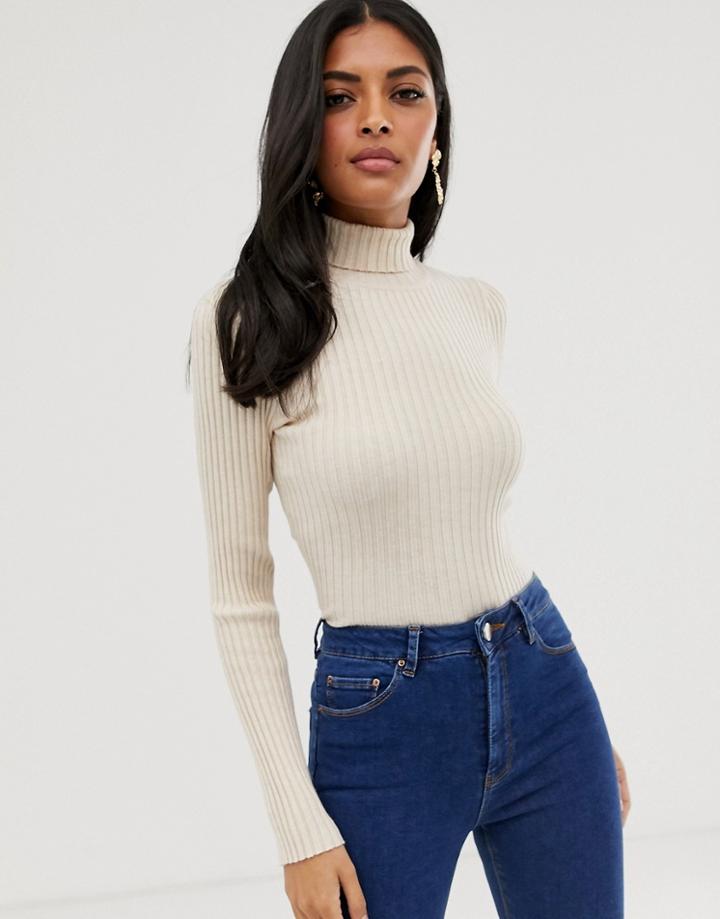 Asos Design Roll Neck Sweater In Fine Knit Rib-stone