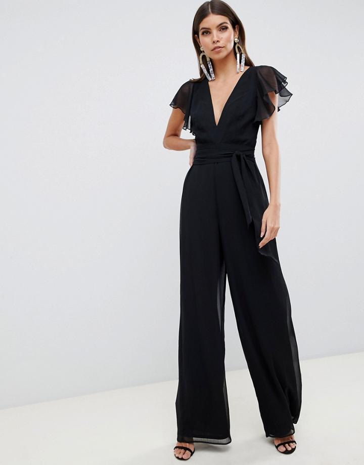 Asos Design Flutter Sleeve Jumpsuit-black