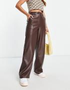 Topshop Faux Leather Wide Leg Pants In Chocolate-brown