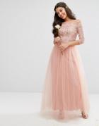 Chi Chi London Premium Lace Maxi Dress With Tulle Skirt - Pink