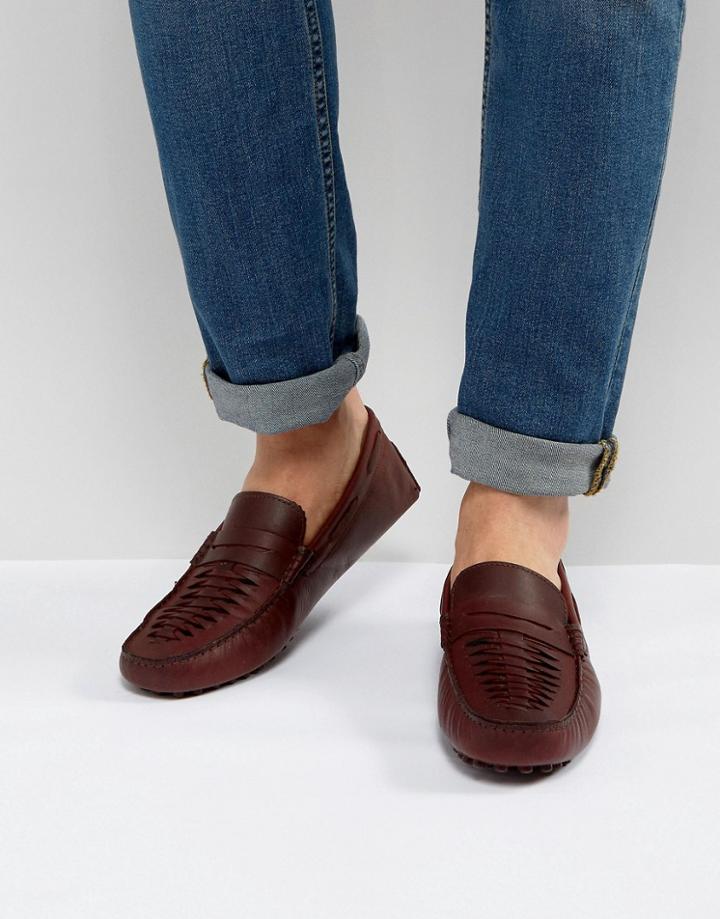 Asos Driving Shoes In Burgundy Leather With Woven Detail - Red