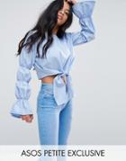Asos Petite Cotton Crop Top With Tiered Sleeve - Blue
