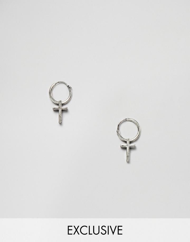 Reclaimed Vintage Inspired Hoops Earrings In Burnished Silver With Cross - Silver