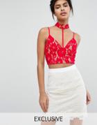Love Triangle Lace Boned Crop Top With Choker Detail - Red