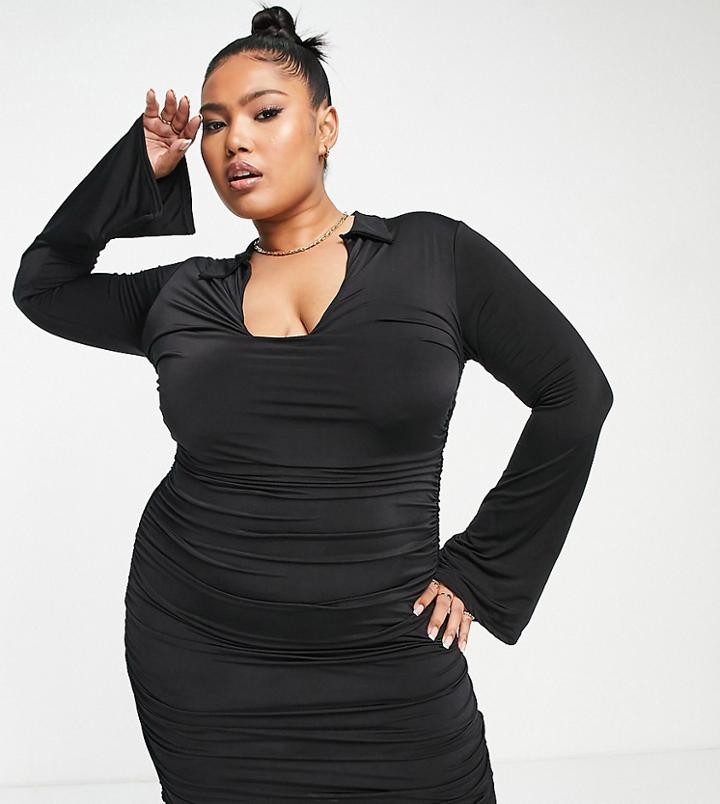 Public Desire Curve Double Layer Ruched Side Plunge Body-conscious Mini Dress In Burnt Black