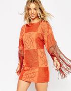 Asos Premium Crochet Patchwork Fringed Dress - Terracotta