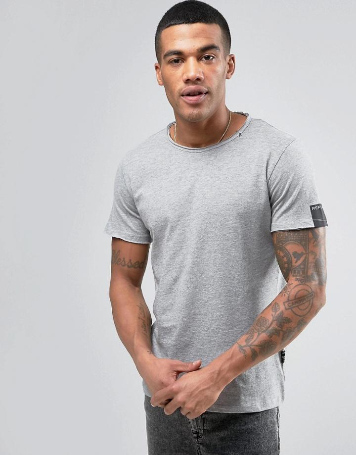 Replay Raw Edge Scoop Neck T-shirt - Gray