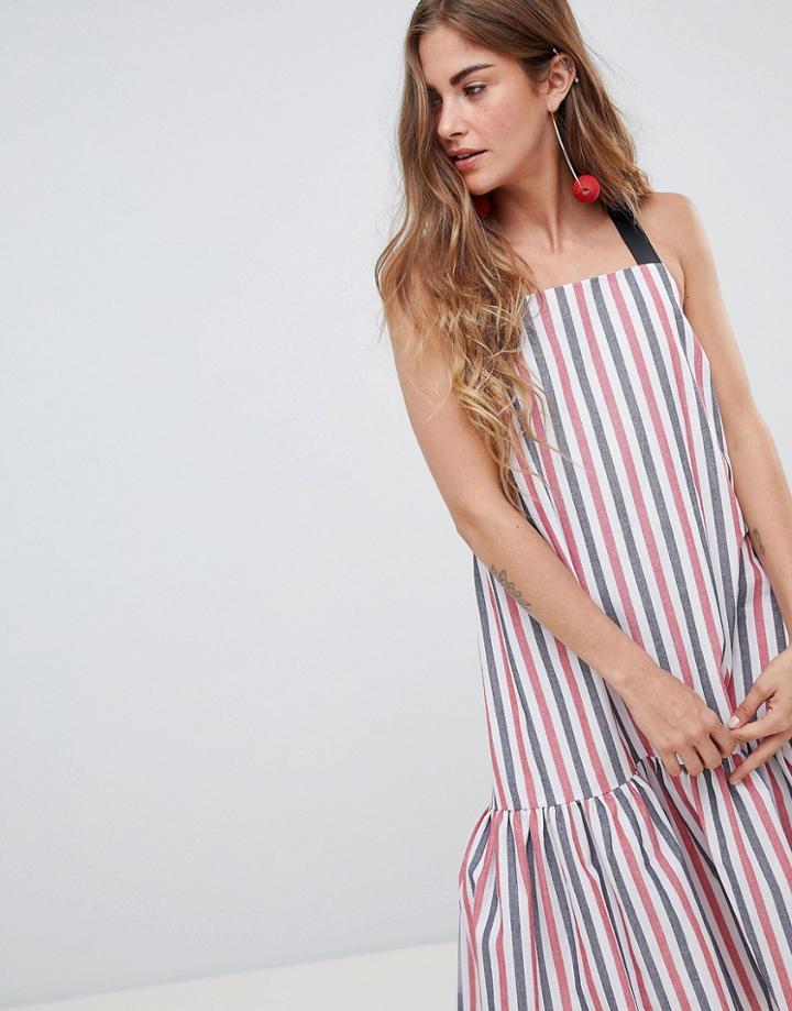 Asos Design Drop Hem Midi Trapeze Sundress In Stripe - Multi