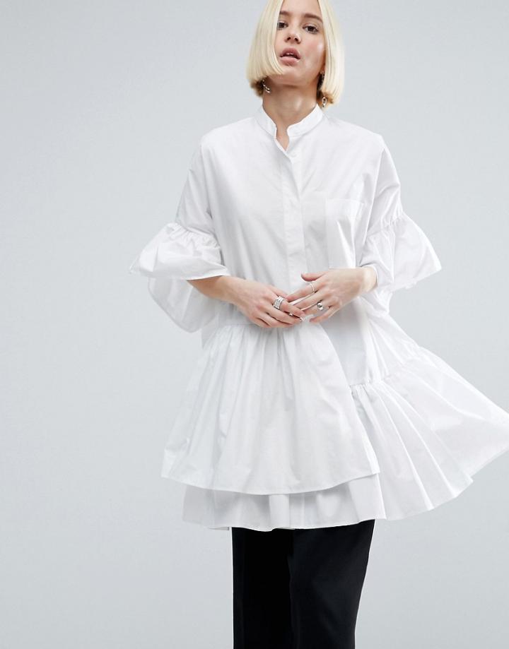 Asos White Layered Frill Hem Oversize Shirt - White