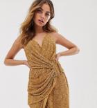 Asos Design Petite All Over Sequin Drape Mini Dress With Horn Buckle - Brown