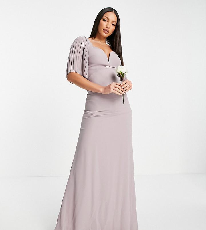 Tfnc Tall Bridesmaid Sweetheart Neck Flutter Sleeve Maxi Dress In Gray-grey
