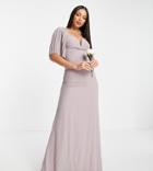 Tfnc Tall Bridesmaid Sweetheart Neck Flutter Sleeve Maxi Dress In Gray-grey