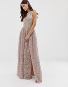Maya Allover Contrast Tonal Delicate Sequin Dress With Satin Waist In Taupe Blush - Brown
