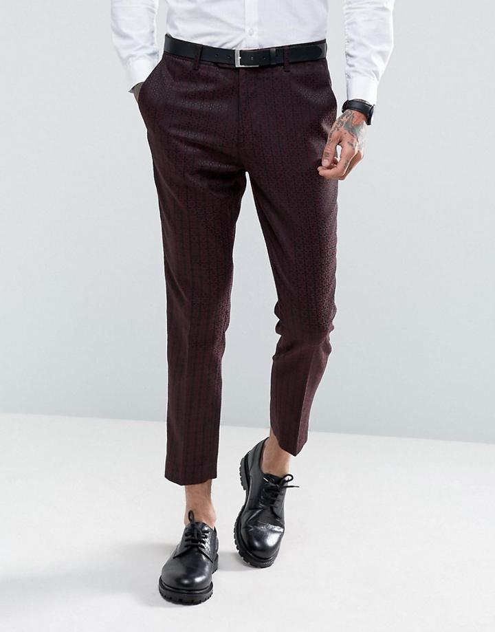 Gianni Feraud Skinny Fit Burgundy Geometric Print Cropped Suit Pants - Red