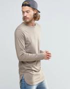Asos Longline Long Sleeve T-shirt With Side Splits In Beige - Beige