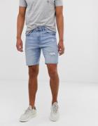 Bershka Super Skinny Fit Denim Shorts With Rips In Light Blue - Blue