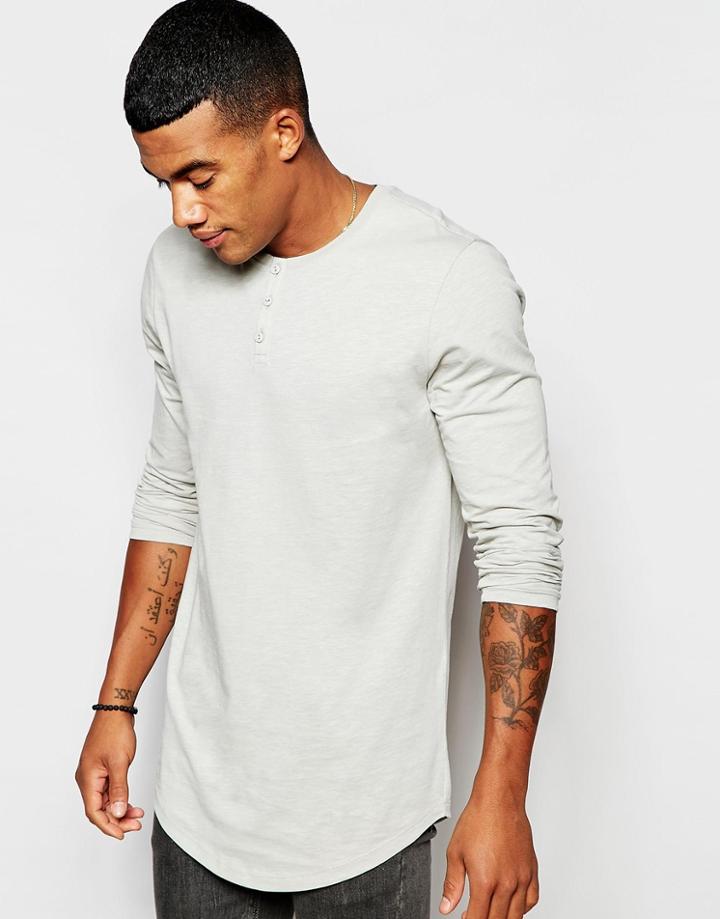 Asos Slub Longline Long Sleeve T-shirt With Grandad Neck And Curve Hem - Beige