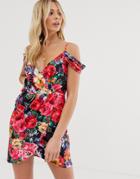 Parisian Wrap Front Mini Dress With Cold Shoulder Detail In Bright Floral-multi