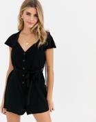Asos Design Frill Sleeve Romper With Cut Out Back-black
