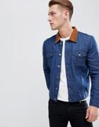 Boohooman Denim Jacket With Faux Suede Collar In Blue Wash - Blue