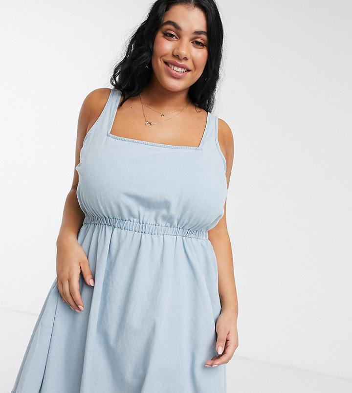 Asos Design Curve Soft Denim Scoop Neck Skater Dress In Lightwash Blue-blues