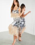 Asos Edition Paillette Sequin Midi Skirt With Feather Hem-silver
