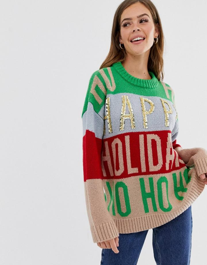Asos Design Christmas Embellished Oversized Sweater-multi