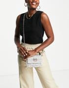 River Island Boucle Cross Body Bag With Chain Strap In Black & White