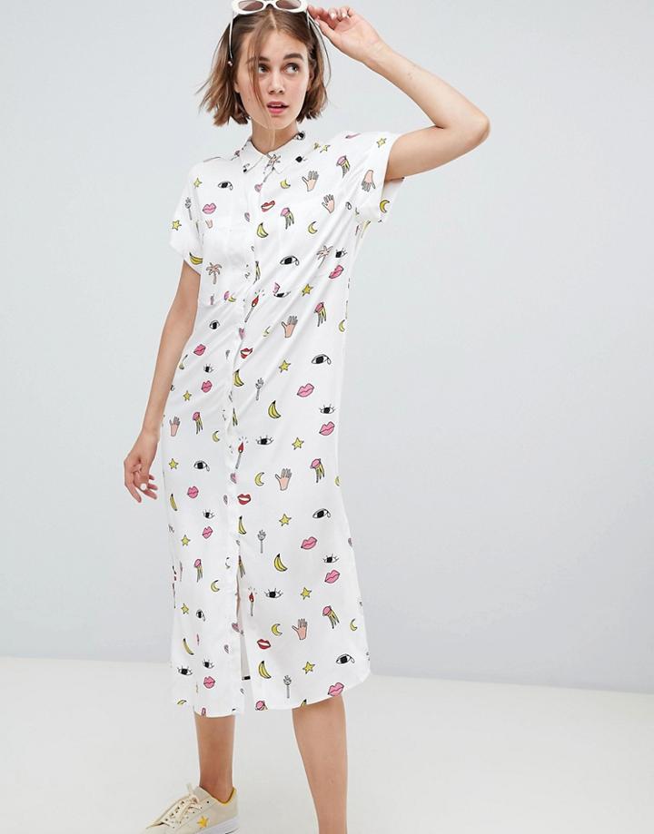 Monki Multi Print Shirt Dress In White - White