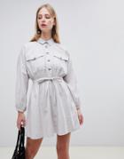 Asos Design Mini Casual Shirt Dress With Long Sleeves And Drawstring Waist - Gray