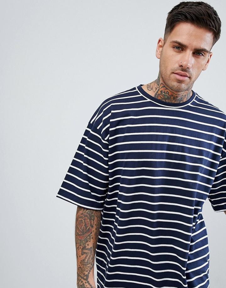 Boohooman Oversized T-shirt In Navy Stripe - Navy