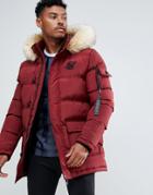 Siksilk Parka Jacket With Faux Fur Hood In Burgundy-red