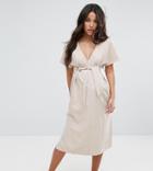 Asos Maternity V Neck Column Midi Dress With Eyelet And Tie - Beige