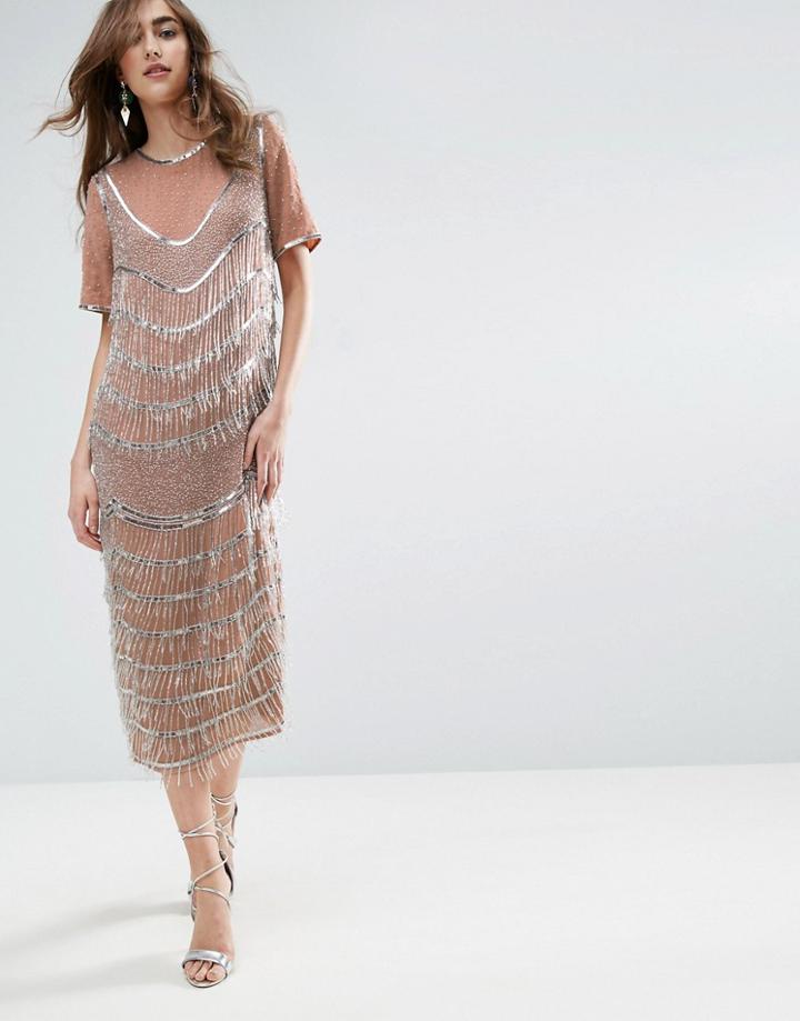 Asos Gold Embellished Fringe Midi Shift Dress - Pink